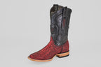 The Tanner – Scarlet – Square Toe is a western cowboy boot with a red snakeskin-textured lower, black upper, decorative stitching, square toe, and a light brown sole, shown against a plain white background.