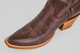 A close-up of the Allison Dark Moka - Tall Shaft - Snip Toe boot shows its decorative stitching, dark mocha leather, pointed toe, and light wooden heel—ideal for anyone seeking stylish women's cowboy boots.