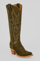 The Allison Agave - Tall Shaft - Snip Toe is a women's olive-green suede cowboy boot with decorative stitching, a snip toe, and a tall shaft with a wooden angled heel, shown against a plain light gray background.