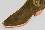 A close-up of the toe and heel of the Allison Agave - Tall Shaft - Snip Toe women’s green suede cowboy boot, featuring decorative stitching and a wooden angled heel.