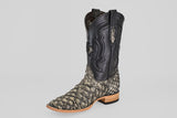 The Conor - Rustic Bone - Square Toe men’s cowboy boot features a textured light gray reptile skin lower, black leather upper with decorative stitching, and a rustic bone-colored wooden stacked heel, shown on a plain light gray background.