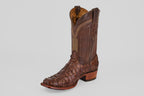 The Conor - Brown - Narrow Square Toe is a single brown high-top western boot crafted from textured leather with a scale-like pattern, intricate stitching, a narrow square toe, and stacked wooden heel.