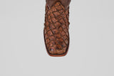 Close-up of the toe of the Conor - Brown - Rodeo Toe boot, featuring a textured, scale-like pattern resembling exotic leather, shown against a plain white background.