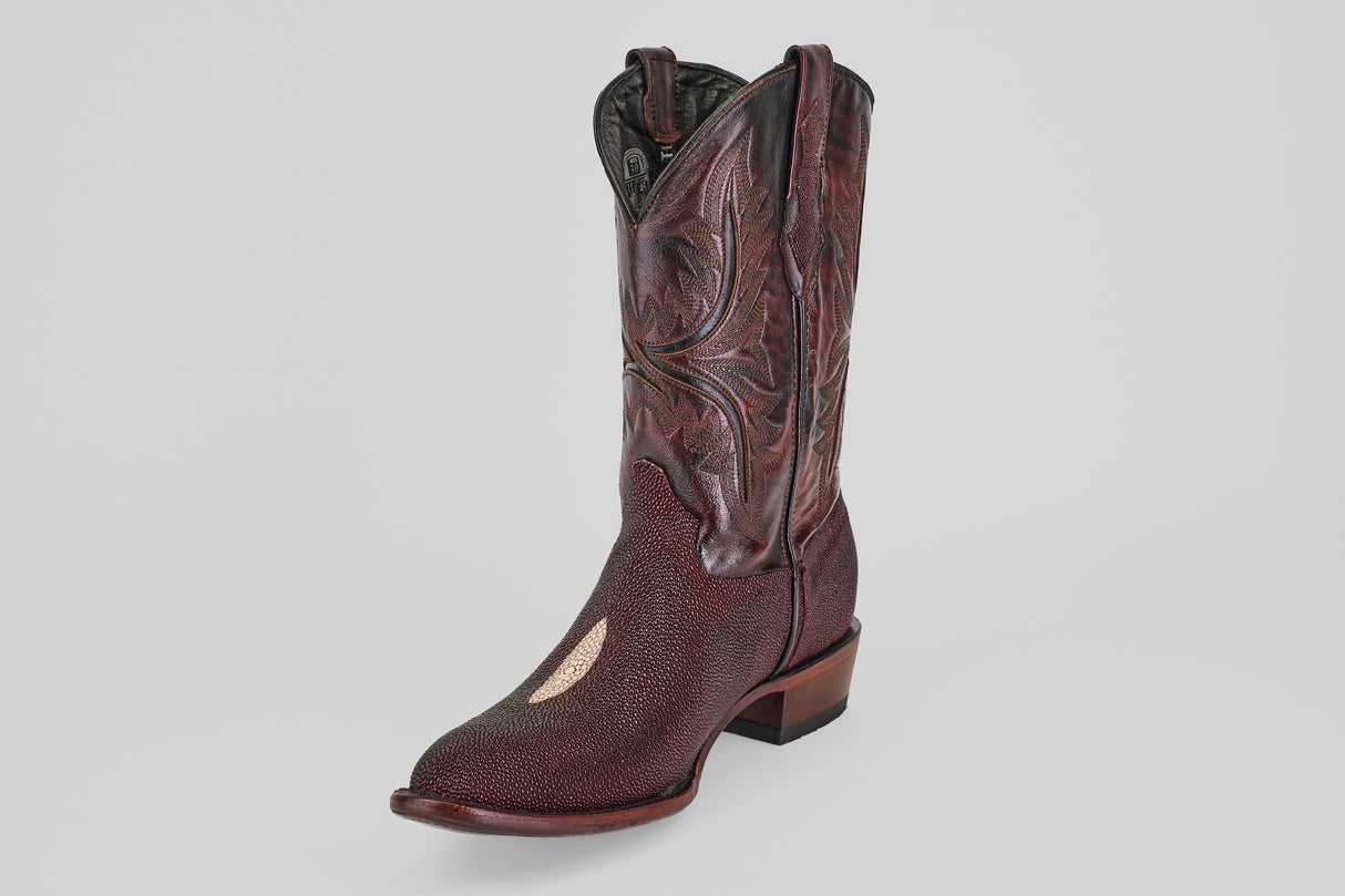 The Ranger – Wine – Round Toe cowboy boot, featuring detailed stitching and a textured dark wine surface, stands upright on a light gray background, embodying classic Western style.