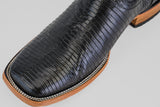 Close-up of the toe on the Blaze – Black – Square Toe cowboy boot, crafted from genuine lizard leather with a light brown sole and detailed white stitching around the edge.