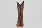 A single Blaze – Brown – Square Toe boot is displayed facing forward on a plain light gray background, highlighting its classic western design and decorative stitching.
