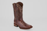 The Blaze – Brown – Rodeo Toe: a single genuine brown lizard leather cowboy boot with decorative stitching and a square toe, showcased on a plain light gray background.