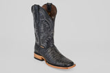 The Caiman Belly Black - Embossed Leather - Square Toe (E423) boot features intricate stitching, pull straps, and a light brown wooden heel, displayed on a plain gray background—ideal for stylish casual western wear.