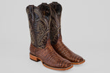 The Caiman Belly Choco - Embossed Leather - Square Toe (E423) boots feature brown, square toes, a textured caiman-like pattern on the foot, and intricate stitching on dark brown embossed leather shafts.