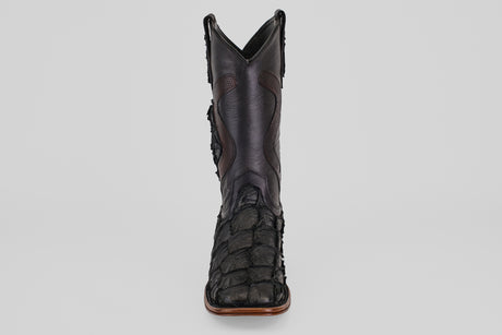 A single Conor Platinum - Matte Black - Square Toe (Diamond) boot, crafted from textured pirarucu leather with detailed stitching, is shown from the front against a plain light background.