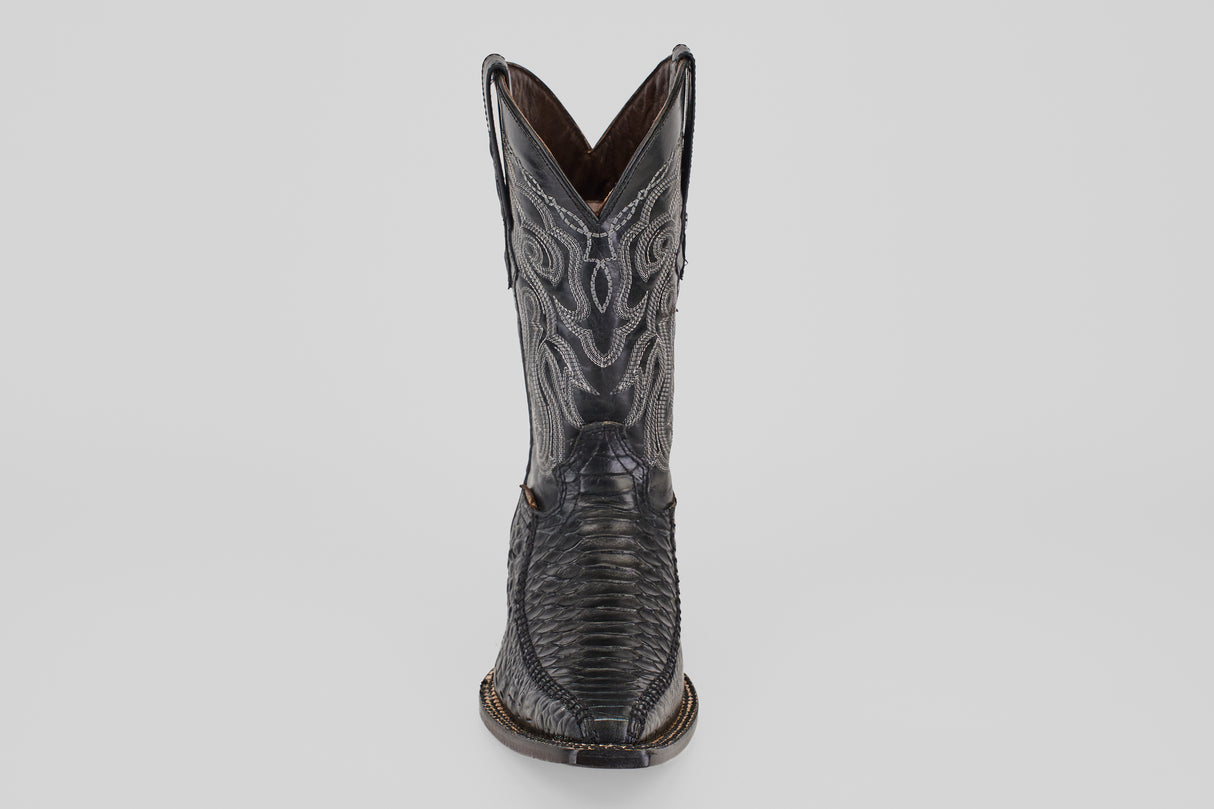 The Python Black - Embossed Leather - Versy Toe (E202) cowboy boot features detailed stitching and a textured front pattern, shown upright against a light gray background, capturing classic western style.