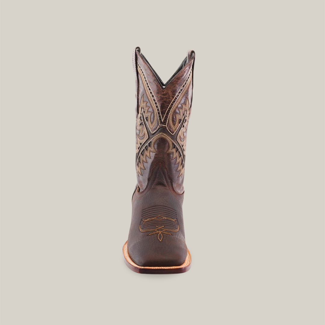 Against a white background stands the Cheyenne Chocolate - Square Toe cowboy boot. Made from premium cowhide, it features intricate shaft stitching, detailed lighter-tone embroidery, a squared toe, and a slight heel.