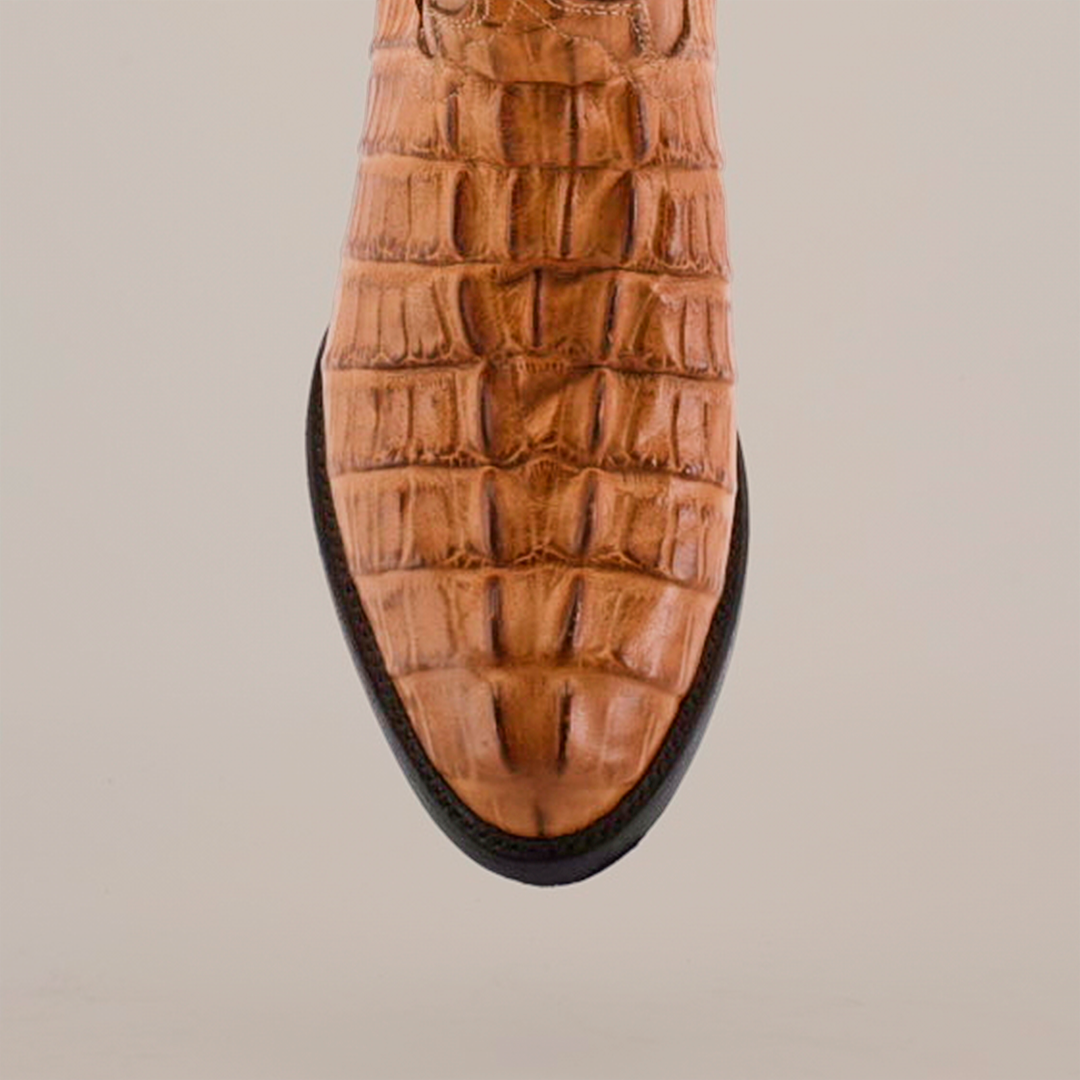 A top view of the Crocodile Tail Print Orix - Round Toe shoe in brown leather with a crocodile tail embossing and black sole made from premium cowhide, set against a plain white background.