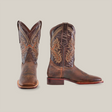 Azkar Tan - Square Toe cowboy boots, crafted from premium cowhide leather, feature intricate stitched designs with a pointed toe and low wooden heel. Against a white background, one boot stands upright while the other lies on its side, showcasing artisanal excellence.