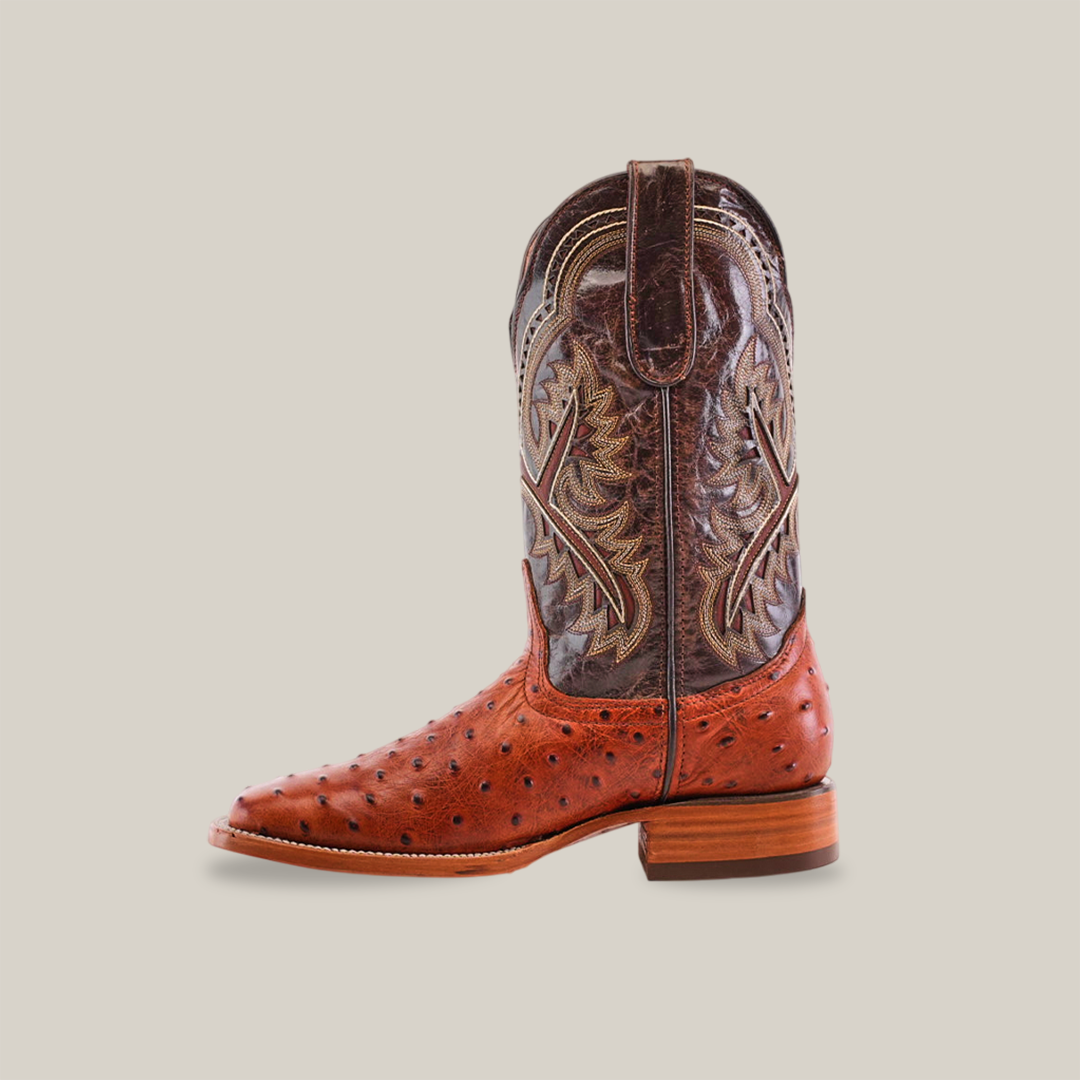 A single brown Karoo Ostrich Print Cogñac cowboy boot with intricate patterns on the shaft and a square toe, displayed against a plain white background.