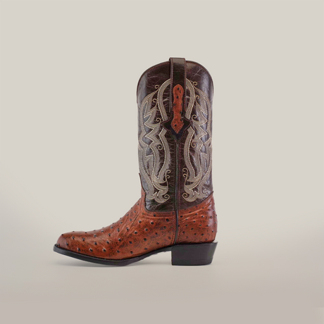 The Karoo Ostrich Print Chocolate - Round Toe features a rich cowhide leather cowboy boot with a brown foot in a textured pattern, and an intricately embroidered tall, dark brown shaft. A low heel and pointed toe enhance its allure, set against a plain white backdrop.