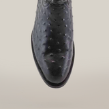 Top-down view of the Karoo Ostrich Print Black - Round Toe boot, showcasing its textured surface on a plain white background.