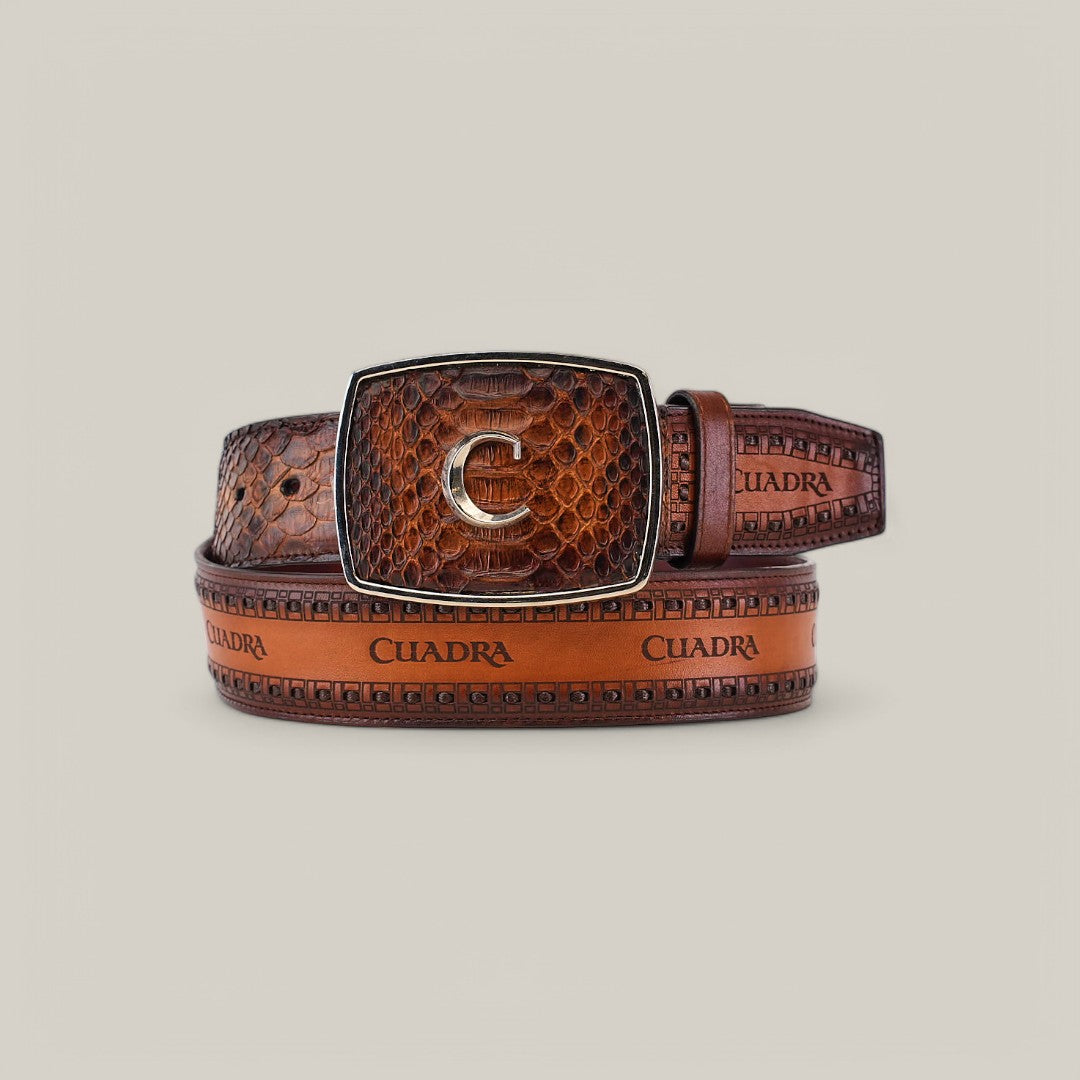 The Brown Python Laser - BC200 is a brown leather belt with embossed textures, featuring a large laser-engraved silver buckle adorned with a C emblem. The inner side is marked Cuadra, highlighting its craftsmanship. Its coiled neatly with the buckle facing forward.