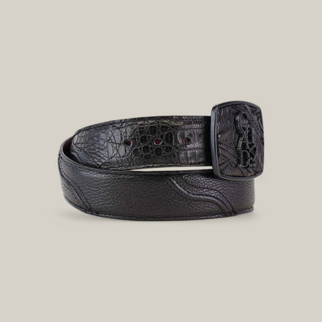 The BC281 Black Caiman Stitching Belt features premium black leather and a sleek laser-engraved rectangular buckle, adding elegance and charm to any outfit.