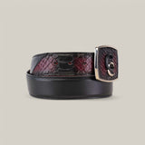 The Black Cherry Python Exotic Strip Belt - BC324, featuring a rolled-up snakeskin texture and a shiny rectangular buckle with rounded edges, rests on a light gray background.