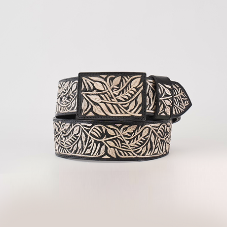 The Artisanal Handmade Silver Belt Branches is a stylish, handcrafted accessory with a black base featuring intricate embossed leaf patterns in contrasting light colors, accentuated by silver thread embroidery for a touch of luxury.