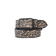 The Artisanal Handmade Silver Belt Flowers is a black belt featuring an intricate beige leaf pattern. With swirling leaves and silver thread embroidery adorning the belt and buckle, it beautifully showcases artisanal craftsmanship.