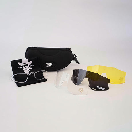 The DR Sport Sunglasses Grape comes with a black carrying case, various lenses such as clear, yellow, and dark with UV protection, alongside a clear frame. It also includes a stylish branded cloth with a cartoon logo for added flair.