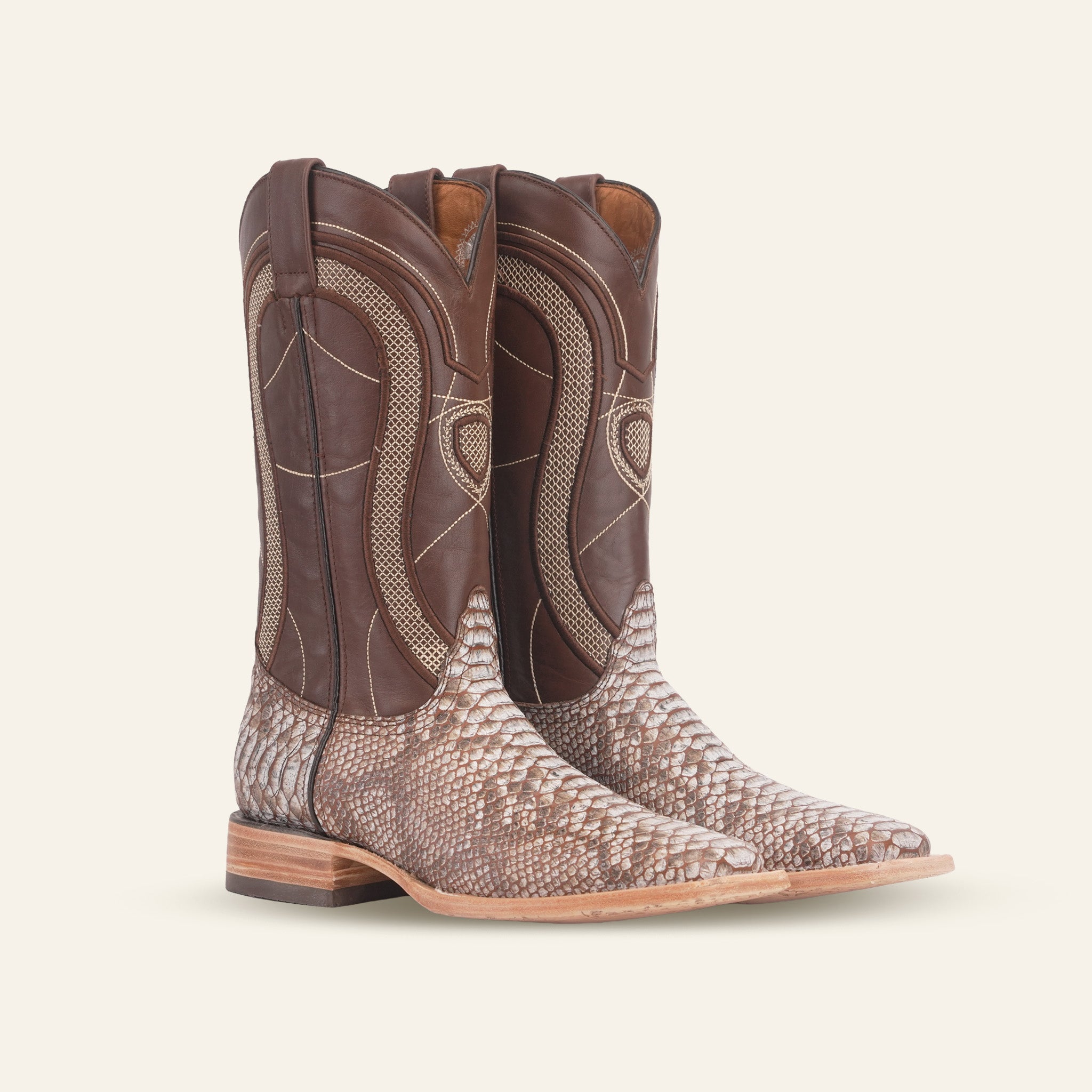 Python Camel Boots - Embossed Leather - Square Toe (E913)
