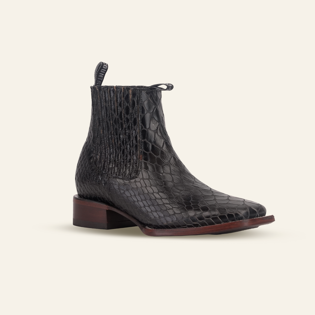 Snake Ankle Boots - Black Embossed Leather - Square Toe (E955)