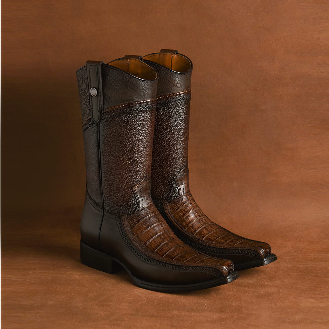 A pair of Arauco Chocolate Caiman Laser boots in brown leather with a textured pattern and matching background. These boots feature dark brown detailing, a glossy finish on the lower part, and a stylish narrow square toe.