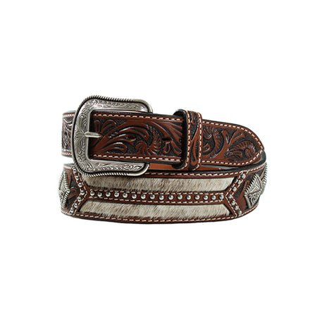 The 3D Western Mens Belt, model D100013602, is crafted from premium brown leather featuring intricate floral tooled patterns, a silver ornate buckle, embossed details, decorative stitching, and subtle geometric designs for an exquisite look.