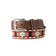 The 3D Western Mens Belt, model D100017202, is a sophisticated brown leather accessory with a silver buckle, featuring colorful red, blue, and beige woven geometric patterns. It includes intricate stitching and textured detailing for an elegant finish.