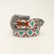 The Angel Ranch Western Girl Belt, Youth Cactus Beaded Multicolored (D130000297), features colorful geometric patterns with red, green, white, and orange beads. Its large silver buckle is intricately engraved with floral designs, embodying the spirit of young cowgirls.