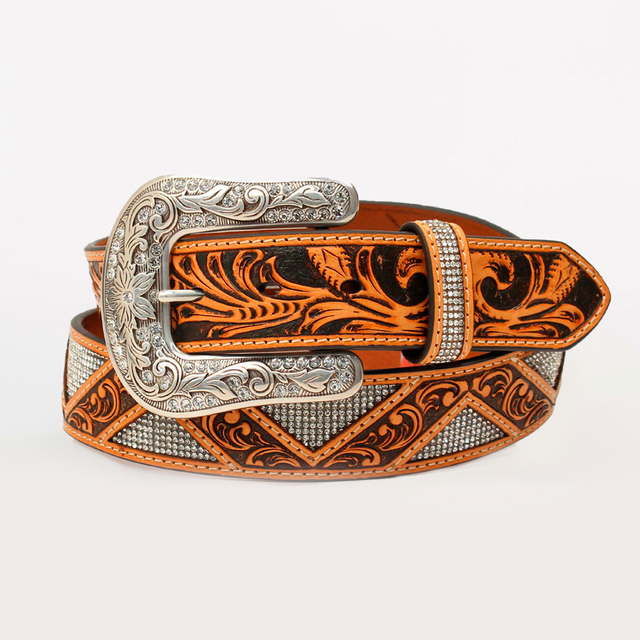 This Angel Ranch Western womens belt in tan leather features intricate floral inlays and stones, with an ornate design exuding elegance. Its varied textures make it a standout piece for those seeking timeless style.