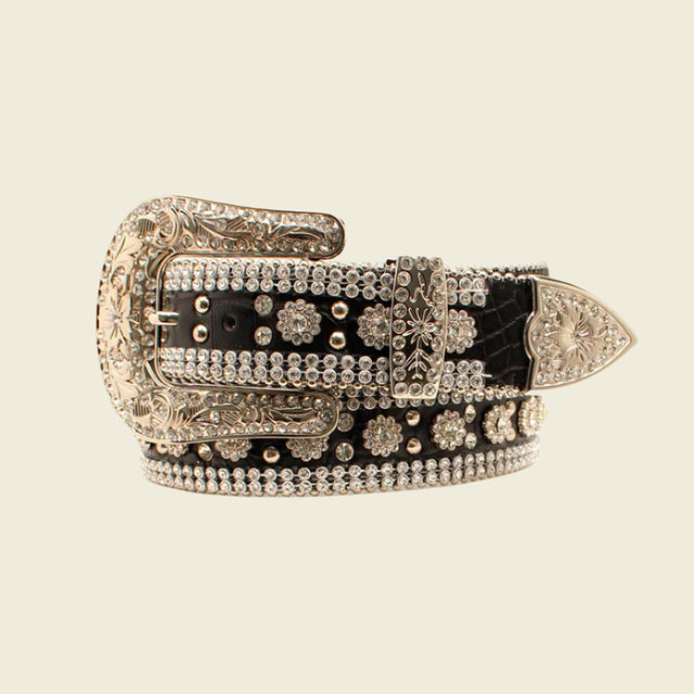 Embrace Western elegance with the Angel Ranch Womens Black Gator Print Crystal Bling Belt, offering luxurious black leather with ornate silver detailing, floral engravings, and shiny metallic accents for a premium and decorative appearance.