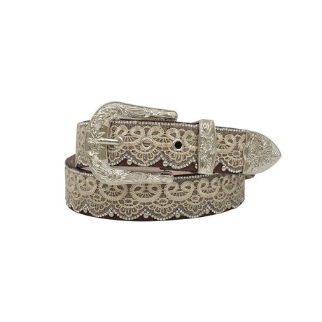 The Angel Ranch Womens Crystal Studs Laced Fashion Belt in brown (DA3650) features premium leather with intricate gold lace patterns and a floral-engraved ornate silver buckle, loop, and tip, exuding western-inspired charm and elegant allure.