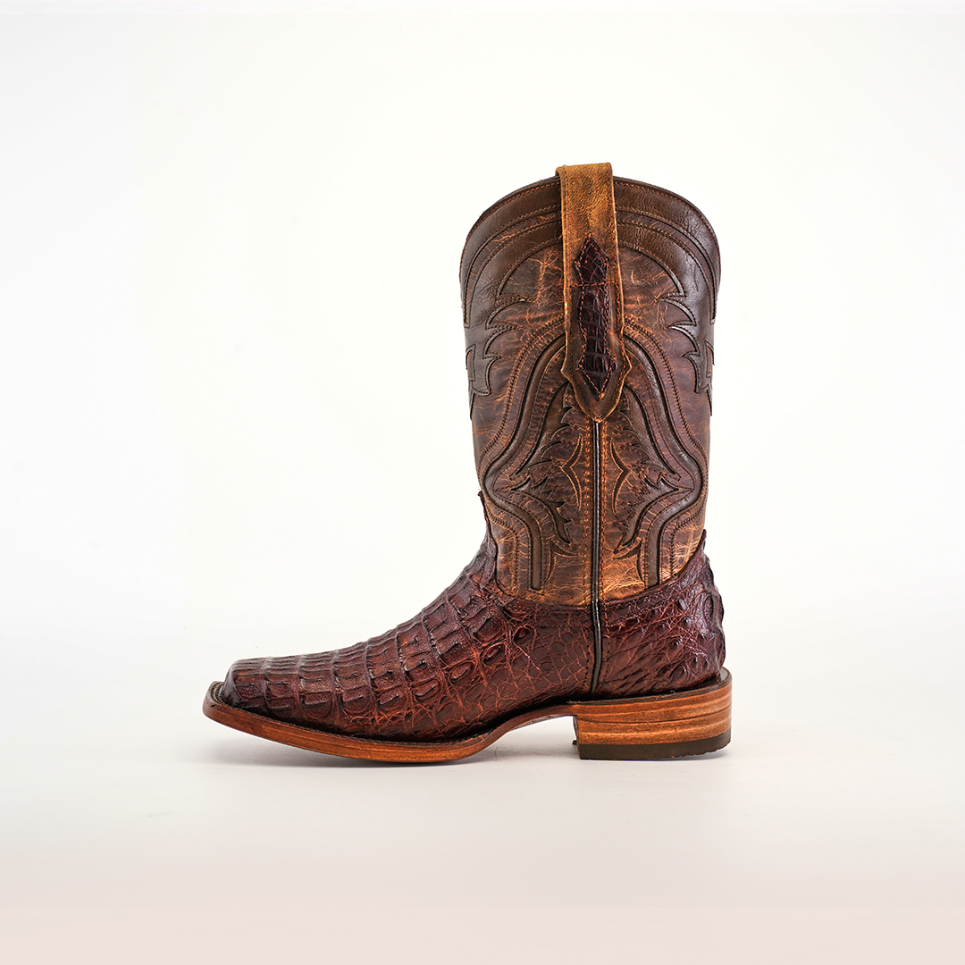 A single Exotic Caiman Hornback boot in brown, with its intricate stitching, rests on a white background. This Rodeo Toe boot, crafted from luxurious Caiman leather, features hornback details and a pull strap at the top, exuding rugged elegance.