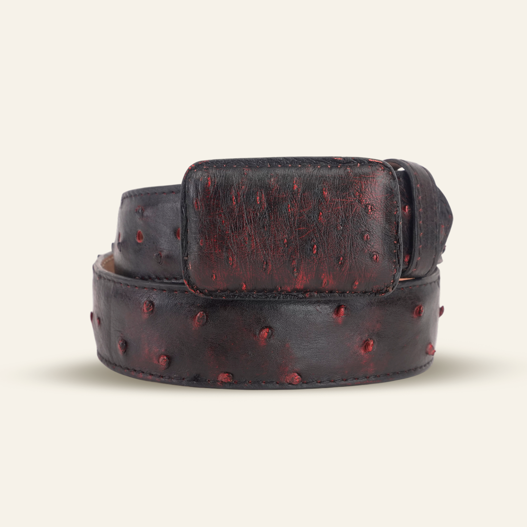 Cinturón de avestruz exótico, completamente acolchado - Cereza negra