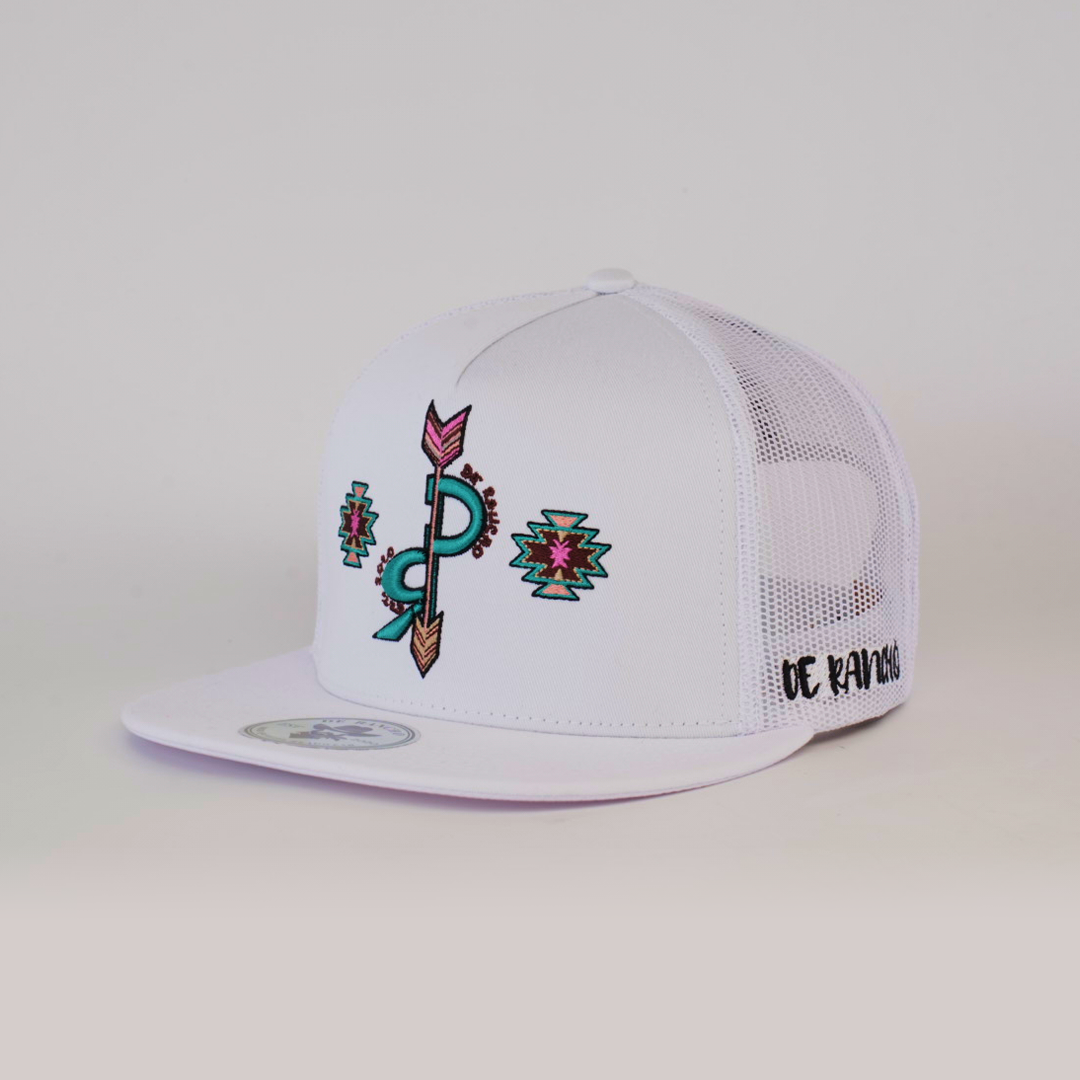 The De Rancho Cap DR White embodies ranch life with its vibrant embroidered arrow and geometric designs on white mesh. It features a flat brim and DE RANCHO stitched on the side, celebrating Western heritage in style.