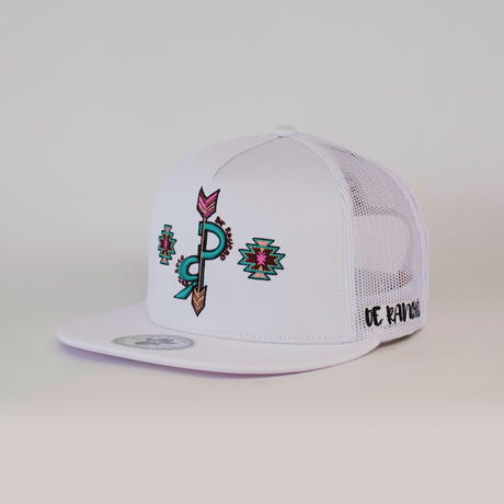 The De Rancho Cap DR White embodies ranch life with its vibrant embroidered arrow and geometric designs on white mesh. It features a flat brim and DE RANCHO stitched on the side, celebrating Western heritage in style.