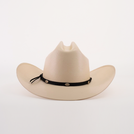 The 500X Sinaloa Straw Hat, a beige cowboy hat with a wide brim and a black band adorned with small emblems, showcases timeless style against a plain white background.