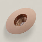 The 4X - Belly - TC Hats is displayed upside down, featuring a beige Western style with a shapeable crown, brown leather inner band, and patterned fabric lining, all set against a plain light background.