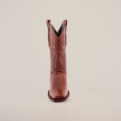 A single Grisly Brown - Rodeo Toe cowboy boot stands upright on a white background, highlighting premium cowhide with detailed shaft patterns, stitching, and pull tabs.