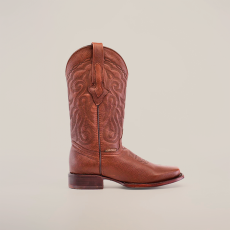 A Grisly Brown - Rodeo Toe cowboy boot made from premium cowhide features intricate shaft stitching, a sturdy heel, and is elegantly displayed against a white background.