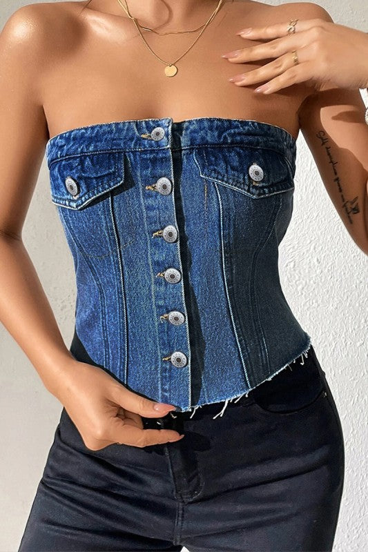 Bustier corto abotonado de mezclilla estilo Western