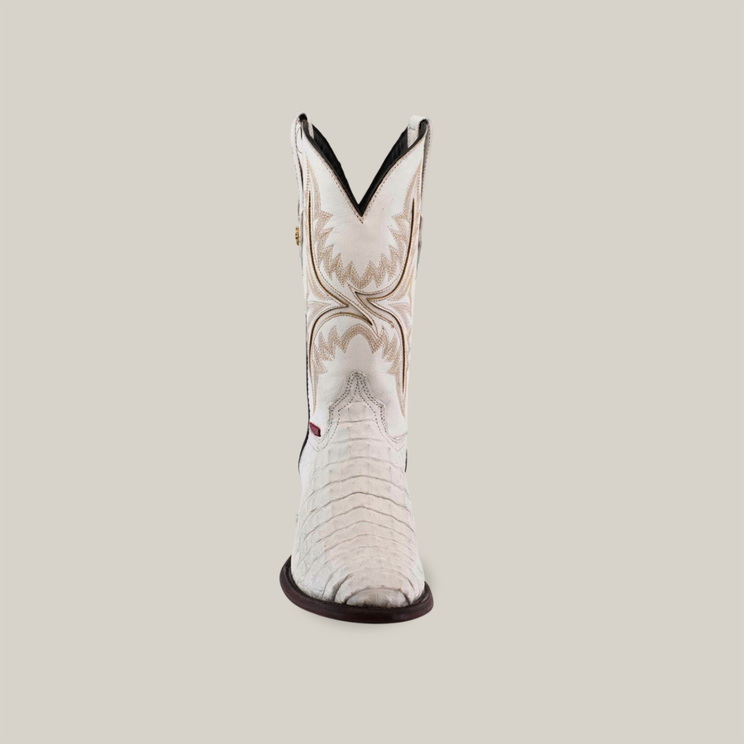 Front view of a white Exotic Caiman Hornback boot, showcasing intricate brown stitching and a round toe design, crafted from authentic caiman leather against a plain background.