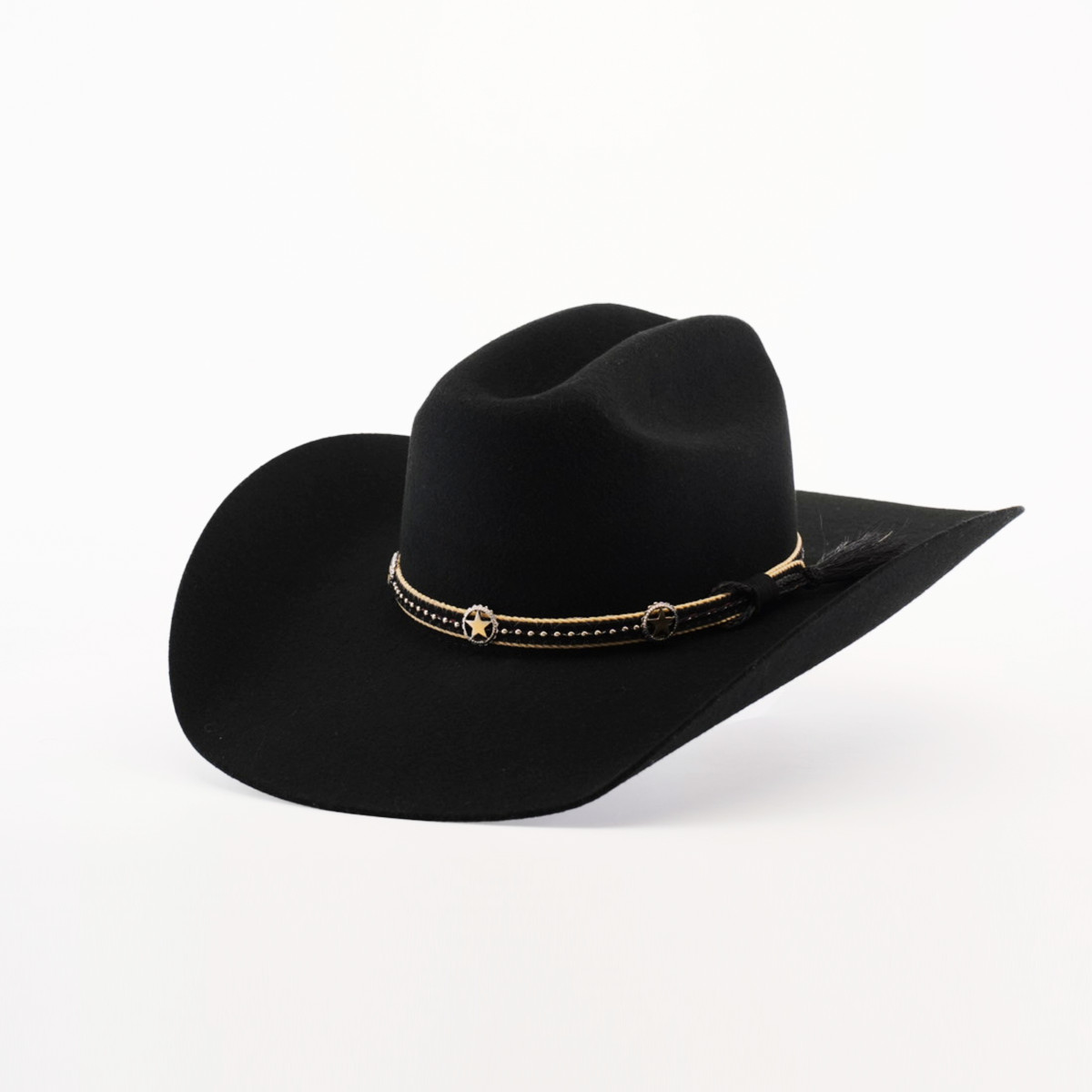 The 6X Doble SS Black is a meticulously crafted black sheeps wool cowboy hat featuring a wide brim, star-accented band with a feather, and exudes timeless style on its white backdrop.