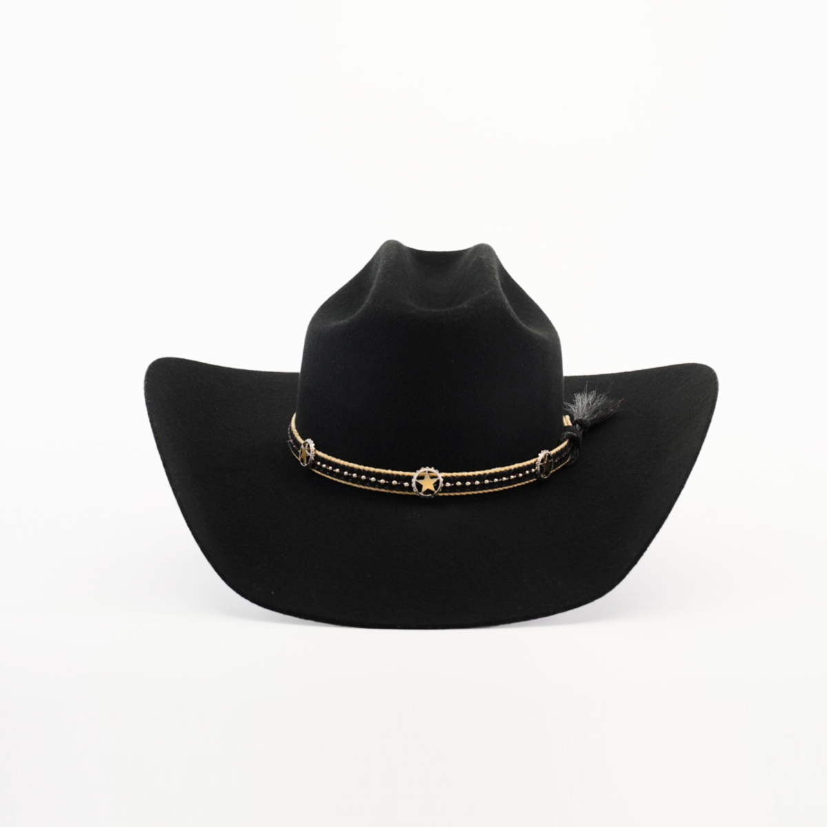 The 6X Doble SS Black is a sheeps wool cowboy hat with a wide brim, star-shaped conchos, and braided detailing. Its set stylishly against a plain white backdrop, highlighting its classic Western appeal.