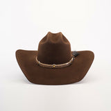 The 6X Doble SS Brown cowboy hat, made from premium sheeps wool, features a wide brim and decorative band with a star emblem, representing classic Western style on a plain white background.