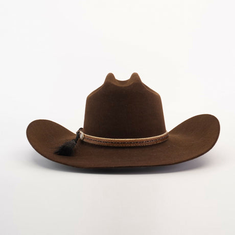 The 6X Doble SS Brown felt hat, crafted from premium sheeps wool, features a wide brim and a decorative brown band against a plain white backdrop, embodying Western style and tradition effortlessly.